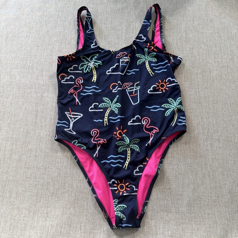 Chubbies Swimsuit Womens Medium 1 Piece Electric Avenue Neon Lights vacation
